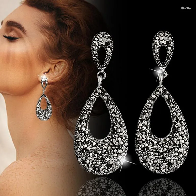 Boucles d'oreilles pendantes SINLEERY luxe Vintage noir zircon cubique longue pour les femmes soirée bijoux de fête ES116