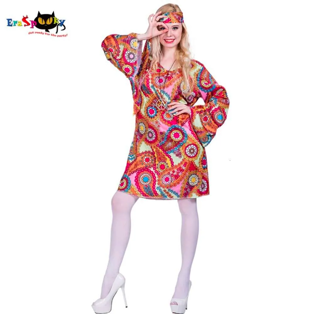 cosplay Eraspooky bloem bedrukte lange mouwen Boho-jurken Hippiejurk met hoofdband Halloween-kostuum voor volwassenen Cosplay Peace and Lovecosplay