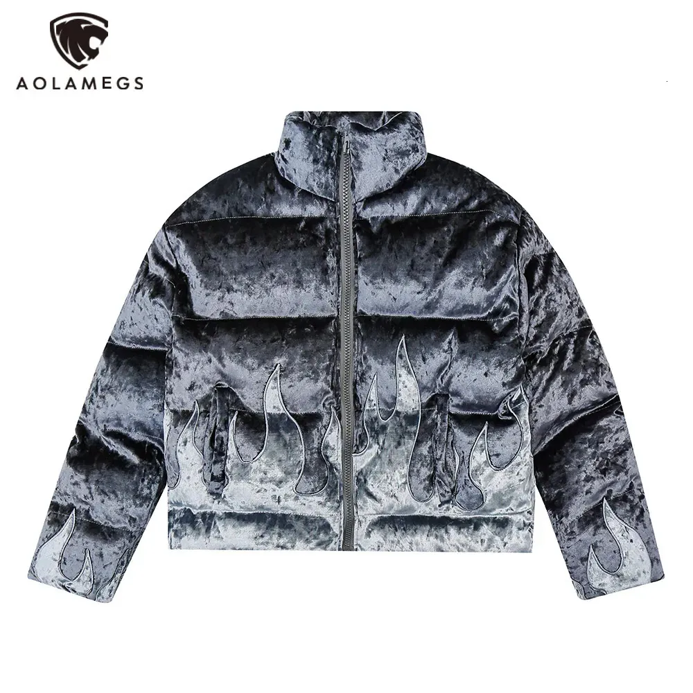 Männer Daunen Parkas Hip Hop Winter Jacke Rollkragen Flamme Stickerei Harajuku Casual Zipper Mäntel Adrette Streetwear 231020