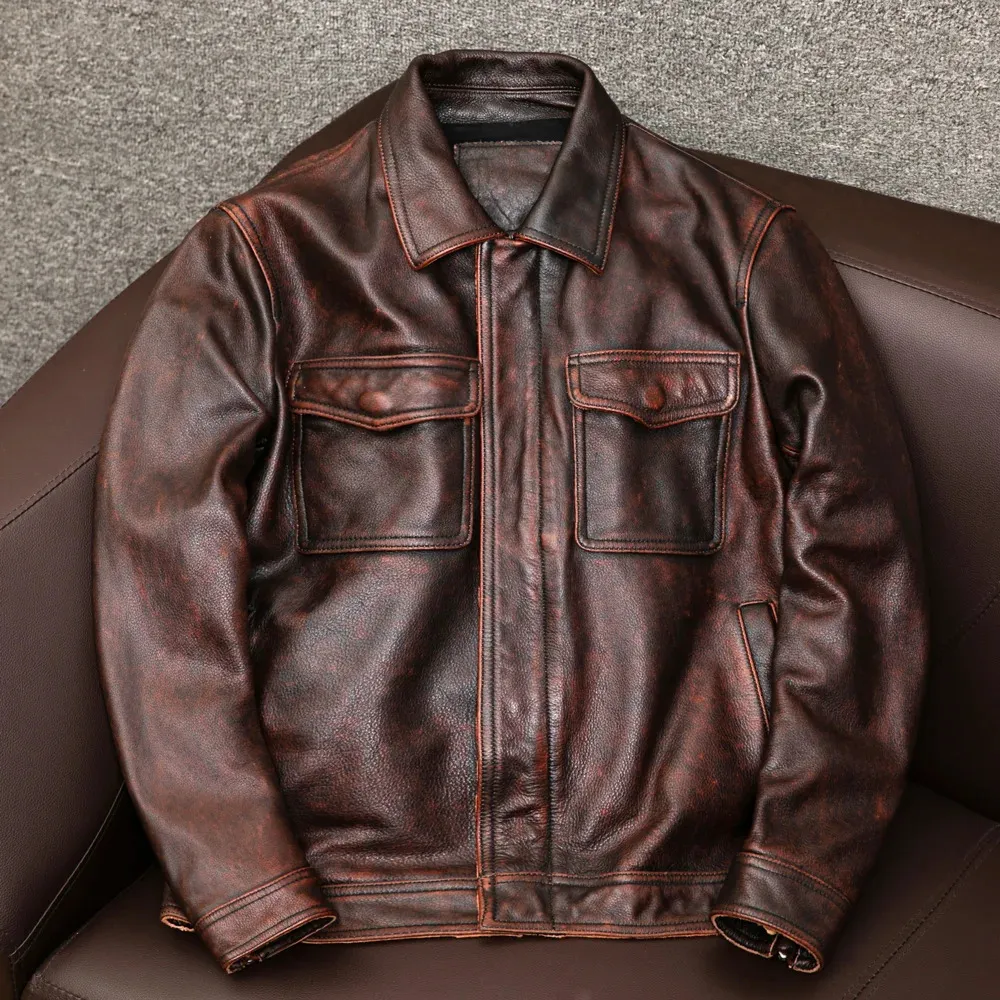 Chaquetas de moto vintage de cuero sintético para hombre, abrigo de piel de vaca para hombre, chaqueta de cuero de vaca auténtica para motorista Retro americano, color rojo y marrón, Otoño Invierno 6XL 231019