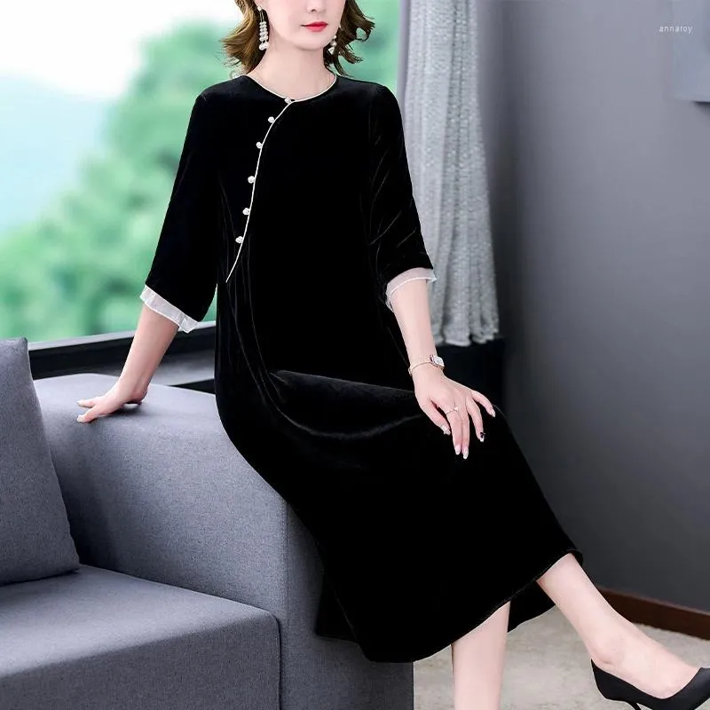 Robes décontractées 2023 Noir Soie Flocage Jacquard Longue Robe Automne Élégant Lâche Bandage Femmes Coréen Vintage Luxe Soirée Soirée