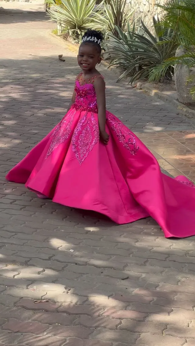 Fuchsia Satin Ball Gown Dress for Girls with Applique and Jewel Neckline,  Floor-Length Sleeveless from Dhgate Flower Girls' Dresses - price 128.19