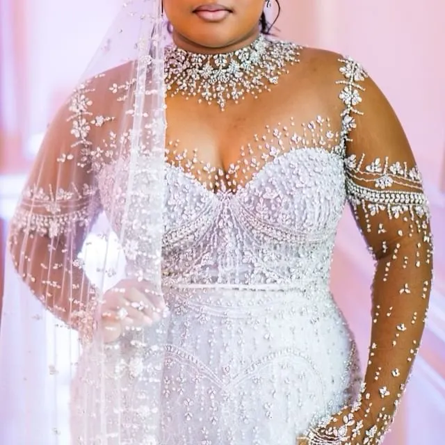 2023 Oct Arabic Aso Ebi Plus Size Ivory Mermaid Wedding Dress Beaded Crystals Lace Bridal Gowns Dresses ZJ608