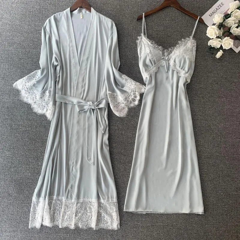 Vêtements de nuit pour femmes Printemps 2 pièces Femmes Robe Ensemble Sexy Kimono Peignoir Robe Dentelle Patchwork Chemise de Nuit Lâche Intime Lingerie Homewear