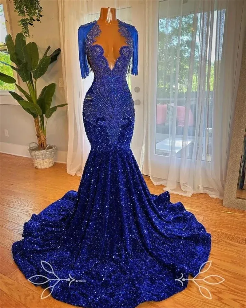 Vestido largo de graduación con diamantes de color azul real brillante, cuentas brillantes, diamantes de imitación de cristal, lentejuelas, vestidos de noche para fiesta de cumpleaños brillantes