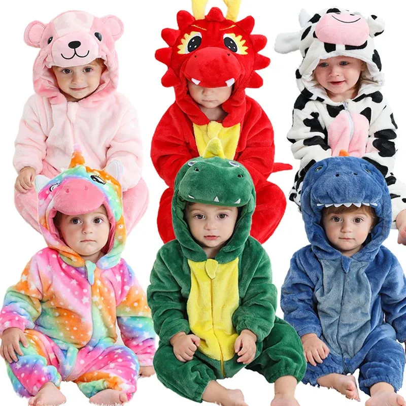 Macacão Anime Flanela Bebê Macacão Unicórnio Dinossauro Panda Pijama Algodão Bebê Menino Menina Traje de Natal Bebê Macacão Kigurumi Outfits 231020