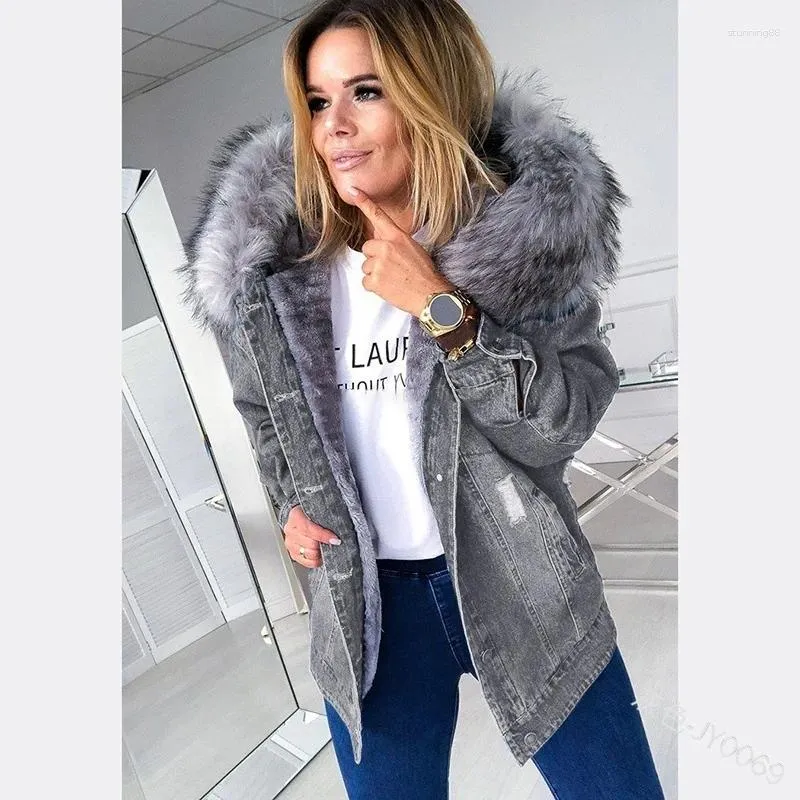 Women's Winter Denim Jacket with Fur Hood, Thick Long Sleeve Overcoat, Plus Size Outwear Top Jeans, XS-5XL Women's Winter Denim Jacket with Fur Hood, Thick Long Sleeve Overcoat, Plus Size Outwear Top Jeans, XS-5XL