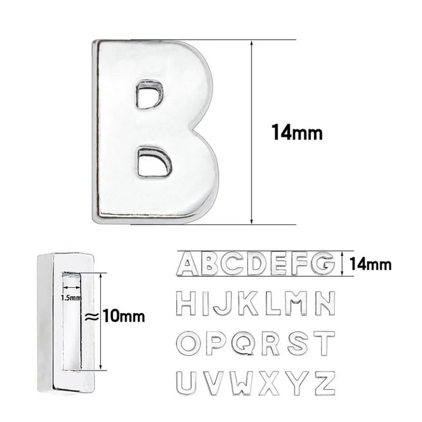 1300pc / lot 10mm Plain Slide lettre A-Z couleur argent chrome bricolage charmes alphabet anglais adapté pour 10MM bracelet en cuir porte-clés2306