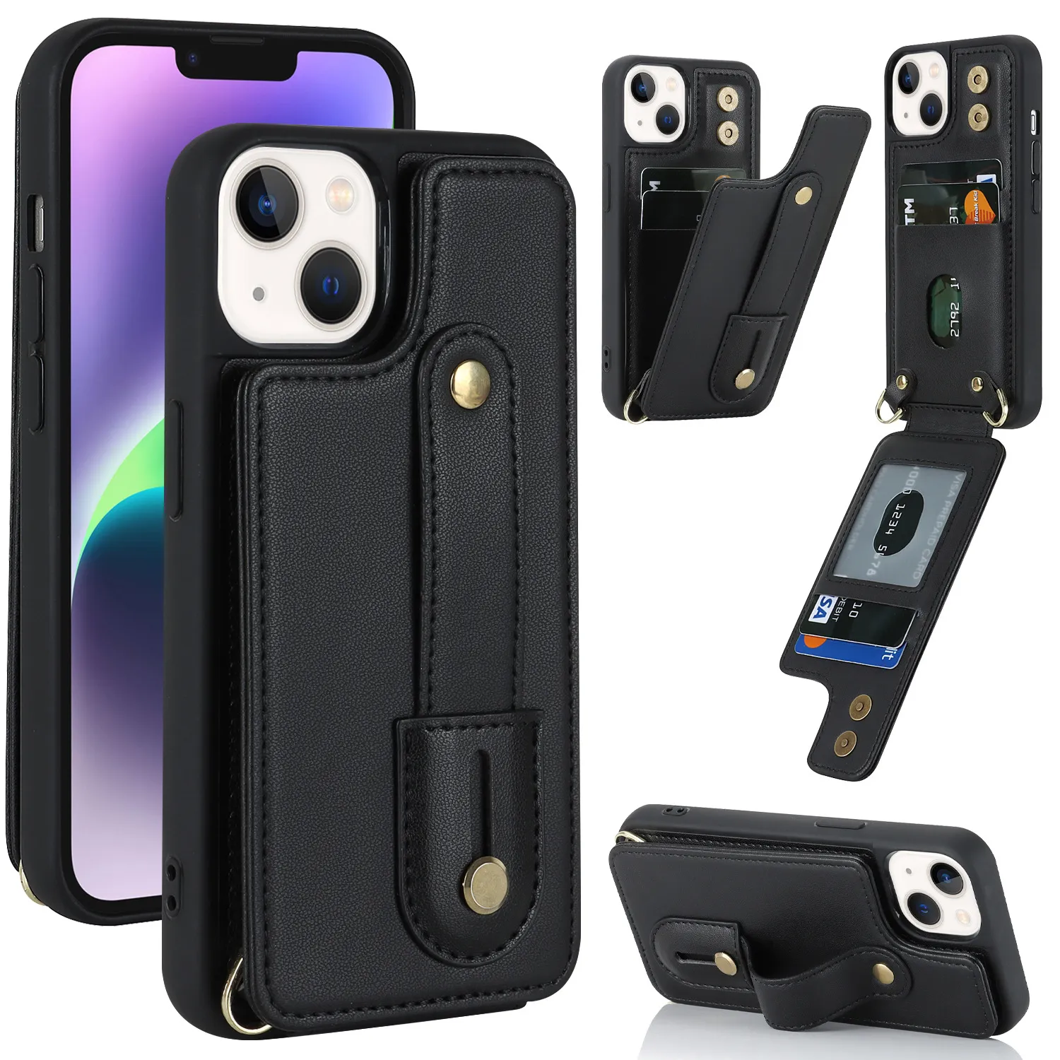 Bileklik Crossbody Cep Telefon Kılıfları İPhone 15 14 13 12 Plus Pro Max Apple Back Cover PU Deri Koruyucu Kapaklar Dayanıklı Lüks Cep Telefonu Kart Yuvalı Stand