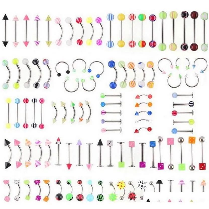 Nabelringe Ganze Förderung 110 Stücke Gemischte Modelle Farben Körperschmuck Set Harz Augenbraue Nabel Bauch Lippe Zunge Nasenpiercing Bar229g