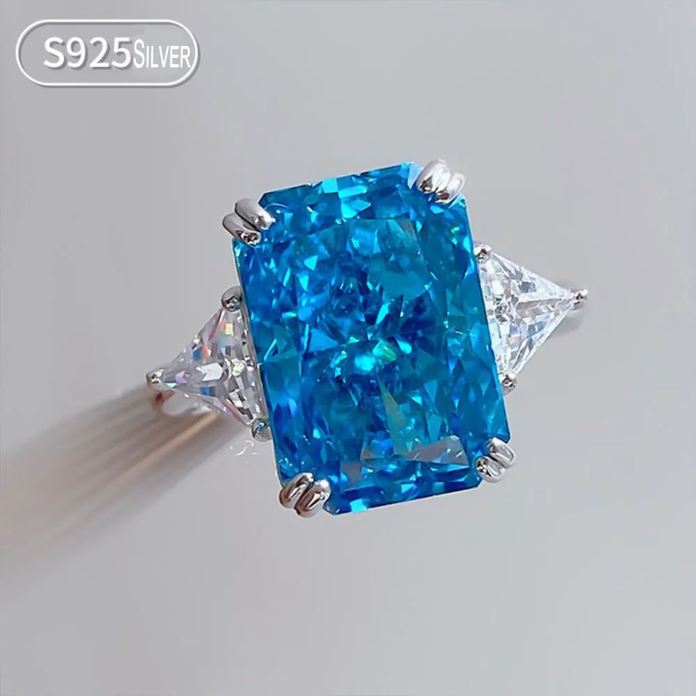 Anello di fidanzamento solitario da donna in argento sterling 925 con topazio blu smeraldo taglio 10X15MM