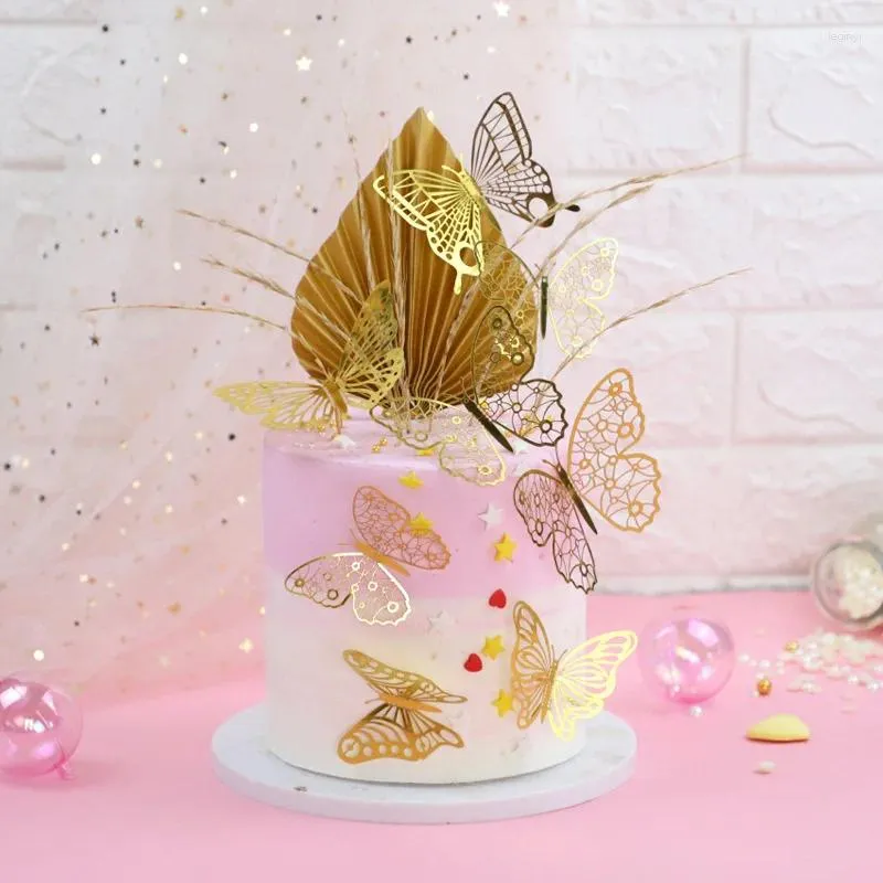 Party Supplies 12st Gold Artificial Butterfly Cake Topper Diy Decor för bröllopsfödelsedagsdekoration Rose Silver Cupcake