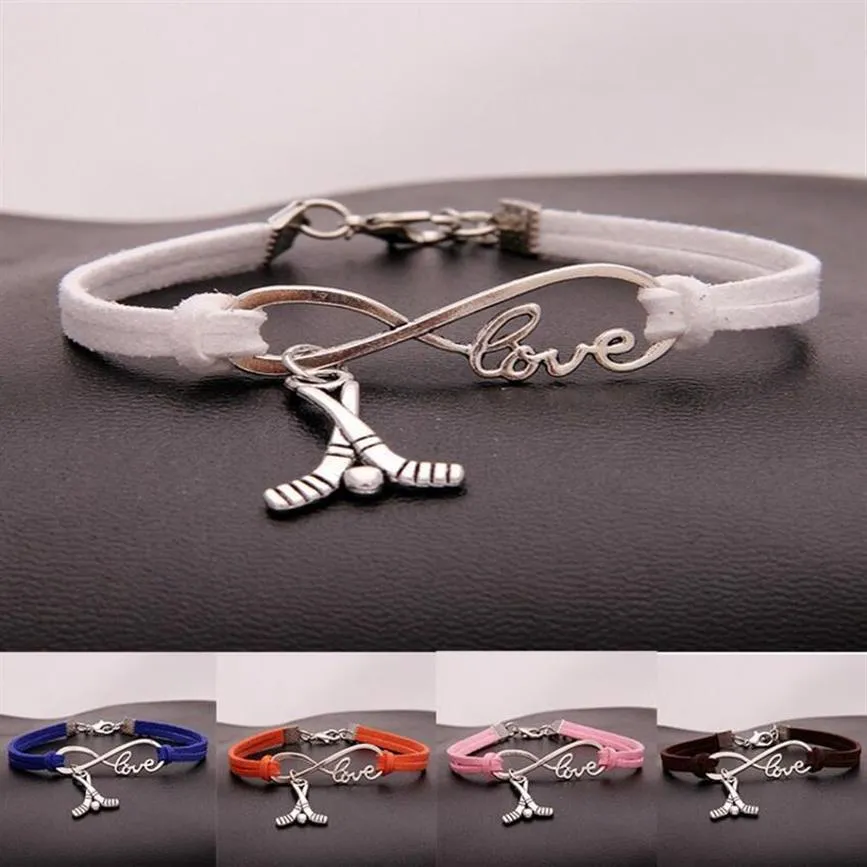 Gioielli di moda Argento antico Hockey Sport Bracciale con ciondolo Bracciale con ciondoli Gioielli Corda di velluto misto Infinity Love 8 Bangle -273S