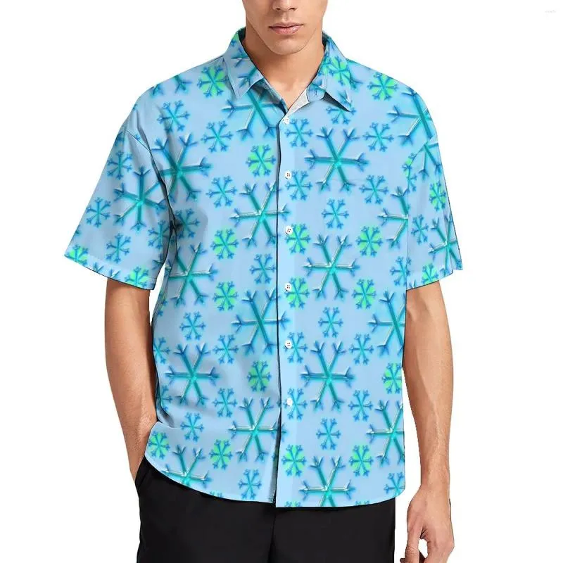 Chemises décontractées pour hommes Chemise de vacances d'impression de flocon de neige Bleu et blanc Hawaii Hommes Blouses drôles à manches courtes Motif Vêtements Plus Taille 3XL