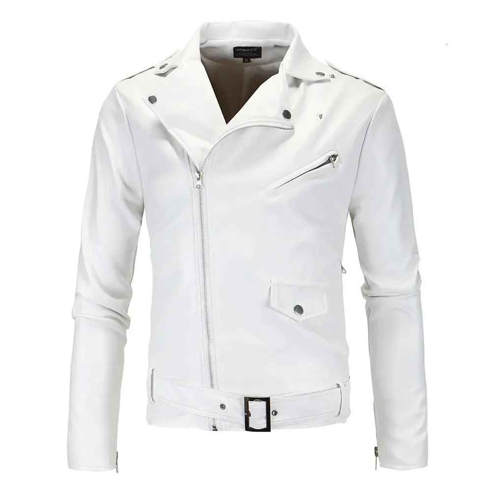 Cuir pour hommes Faux cuir hommes minces vestes en cuir blanc fermeture éclair oblique vestes de moto hommes vêtements d'extérieur Moto Biker manteaux en cuir PU taille 4XL 231019