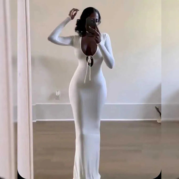 Seksowna głęboka sukienka Kardashian Solid Kolor Slim-Fit Breast Long Borka Spódnica Kobiety T231020