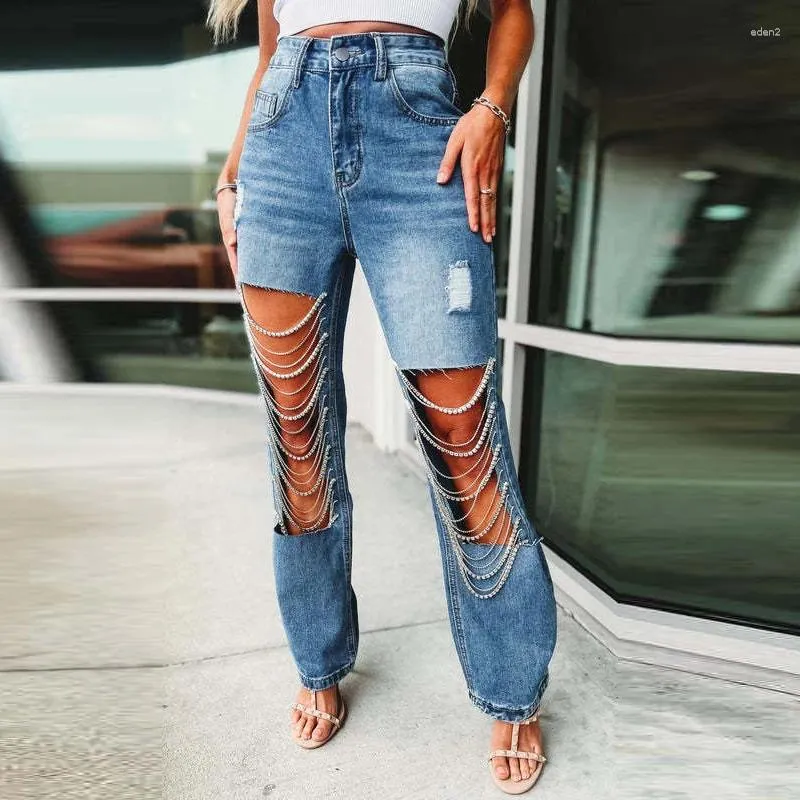 Women s Jeans Fashion Big Hole Rhinestone Chain Street Casual Female Washing Denim Trousers Women Vintage Pocket Straight Long Pants