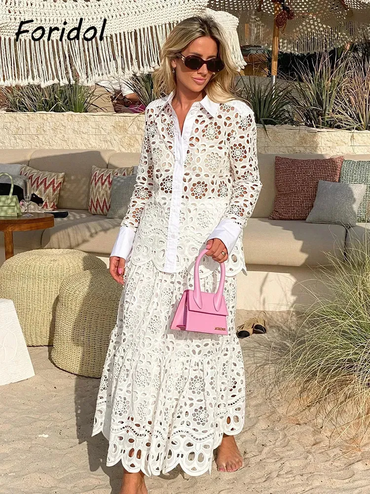 Elegant White Lace Dress Set Spring Summer Two Piece Outfit
