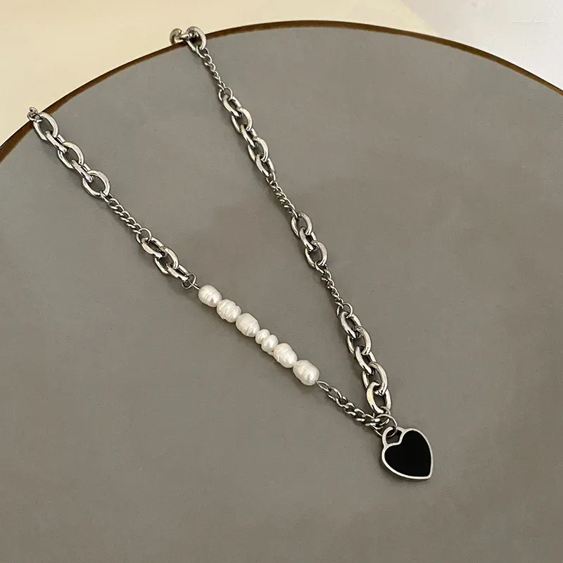 Catene alla moda moda argento colore cuore perle nere collana pendente a catena punk per le donne ragazza gioielli Dropship all'ingrosso