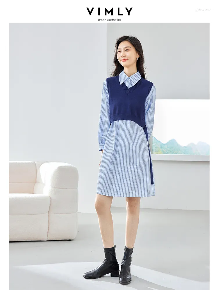 Work Dresses Vimly Autumn 2 Piece Sets Women Outfit Fall 2023 Fashion Woman Clothing Knitted Vest Blue Stripe Shirt Dress Women's Suits