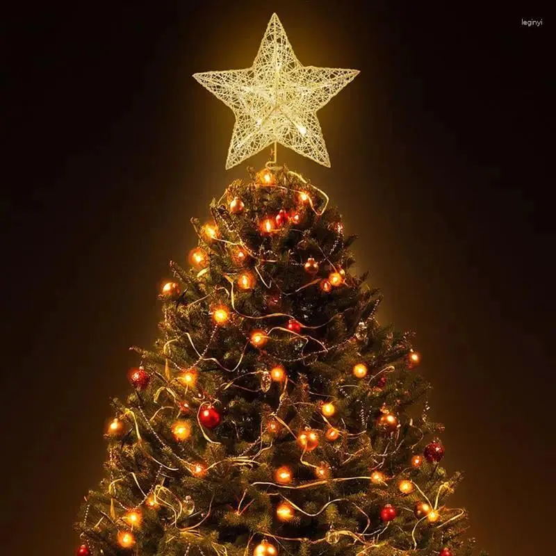 Decorações de Natal Árvore Topper Estrela Ornamento Treetop Decoração Fio Ferro Luminoso Cinco Pontas Decoração de Lâmpada LED