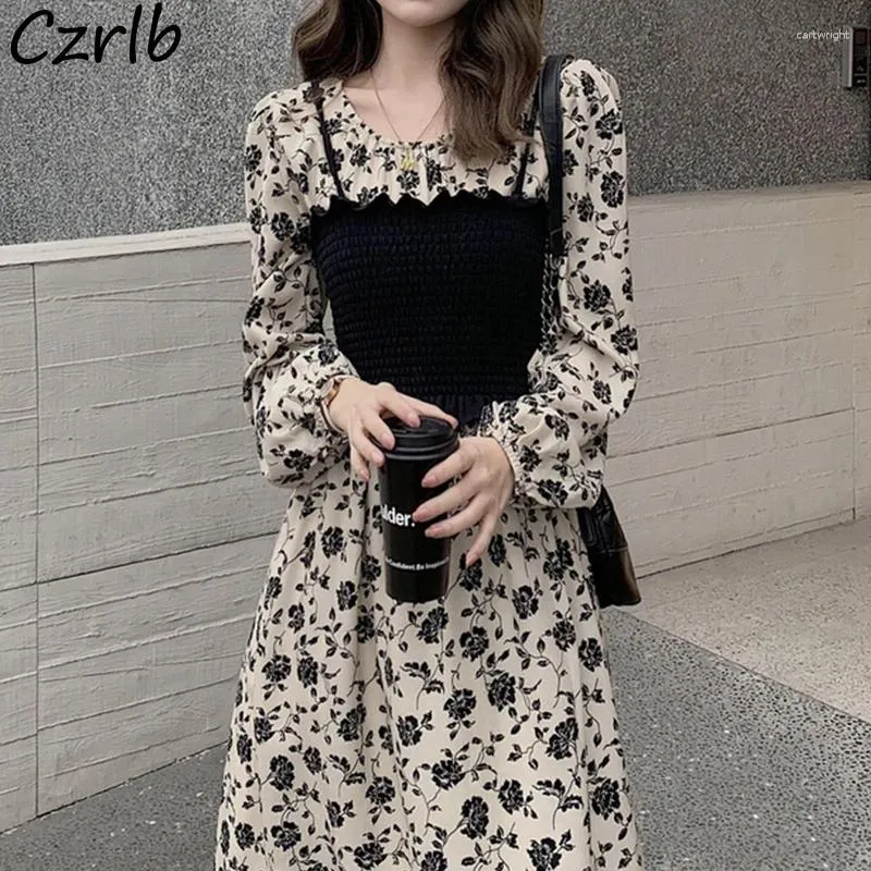 Casual Dresses Dress Women Fall Korean Style O-neck Patchwork Vintage Floral Design Tunic Slim Tender Lantern Sleeve Elegant Party Goth