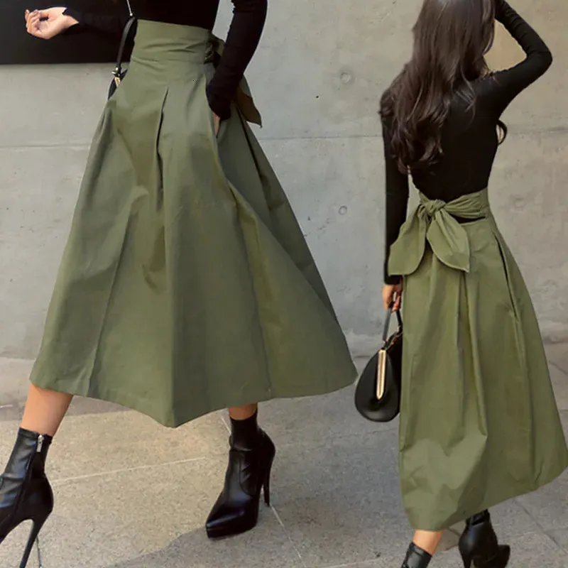 Jupes automne noir femmes mode coréenne couleur unie grande balançoire femme jupe longue sauvage taille haute nœud mince 231019