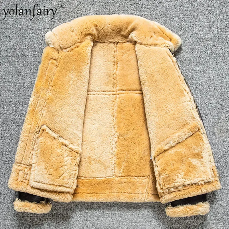 Мужская кожаная куртка из искусственного меха 2023, куртка из натурального меха высокого качества B3, толстые зимние тяжелые куртки-бомберы для мужчин, шерстяные пальто из овчины в стиле ретро 231020