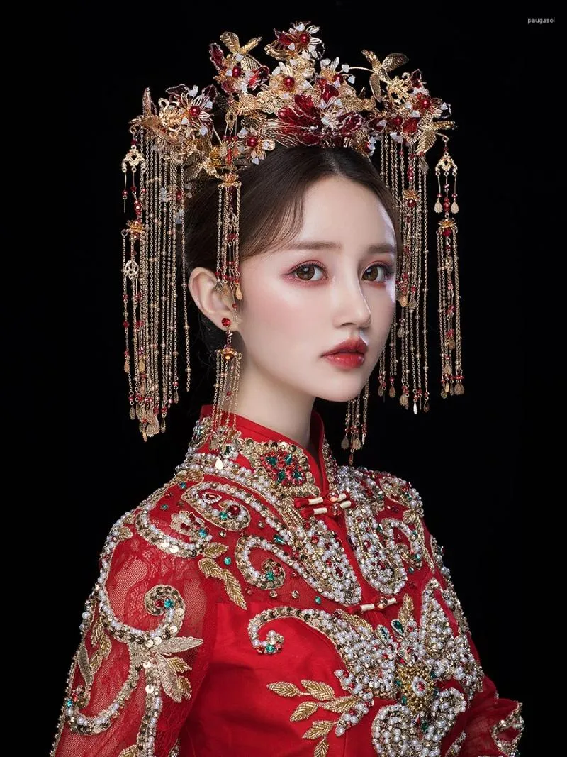 Hårklipp hårnål brud huvudbonad bröllop kinesiska xiuhe klänning stick ornament forntida dräkt phoenix krona tillbehör för kvinnor