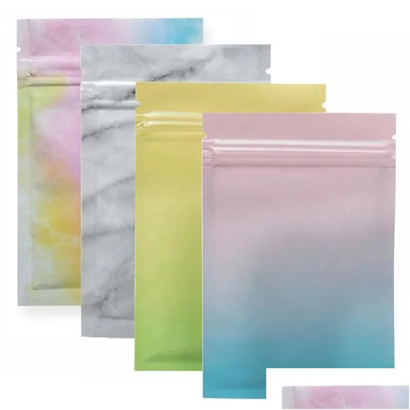 Bolsas de almacenamiento Patrón de marmoleado brillante Papel de aluminio Paquete de cremallera Bolsa Bolsas con cierre automático plano resellable Cosmatic Wholesale Home Garden Dhfwy