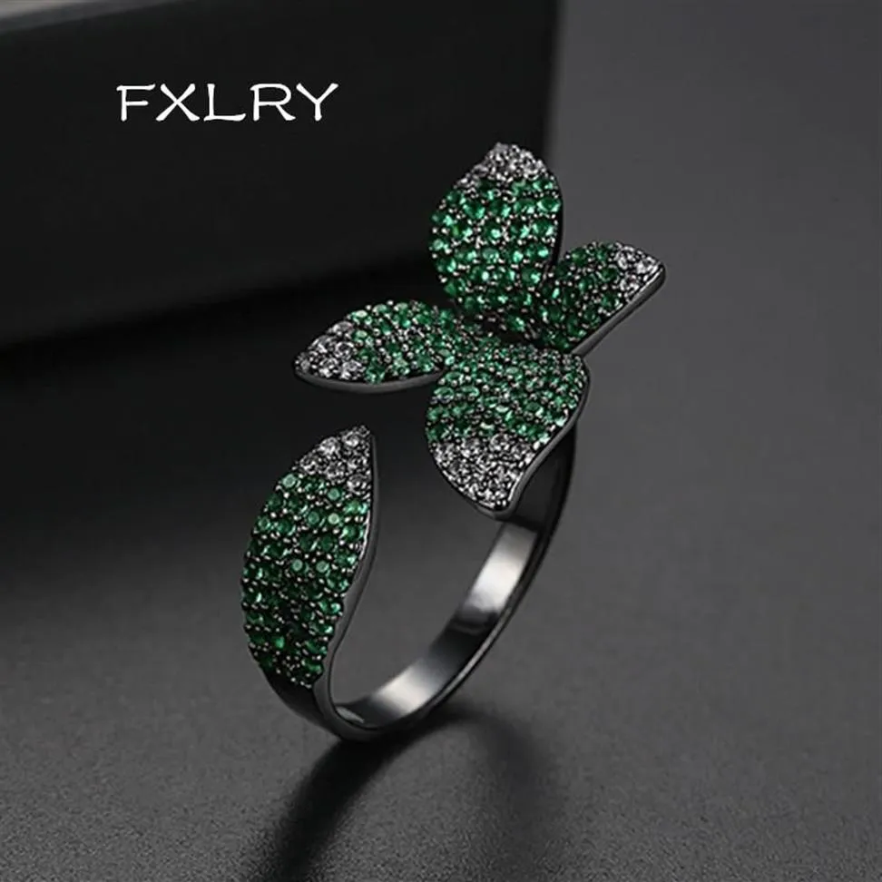 Cluster-Ringe FXLRY Elegantes einzigartiges Design Pave-Fassung CZ Rose Blume offen verstellbar Big Leaf für Frauen Mode Finger Accessorie287w