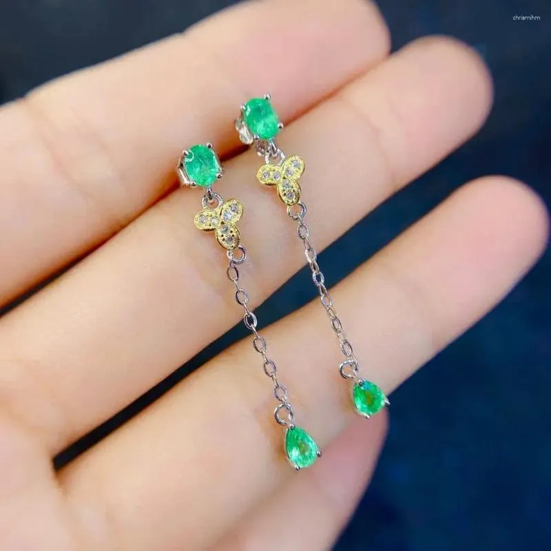 Kolczyki Dangle Natural Emerald Stud 925 Sterling Silver Classic Fine Biżuter