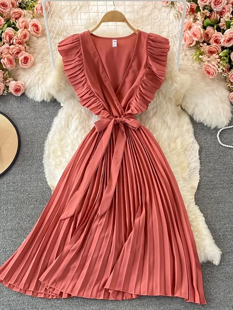 Casual Jurken Zomer Vrouwen Groen/Rood/Beige Geplooide Midi Jurk Vintage V-hals Gedrapeerde Party Gewaad Vrouwelijke Elegante vestidos Mode M912