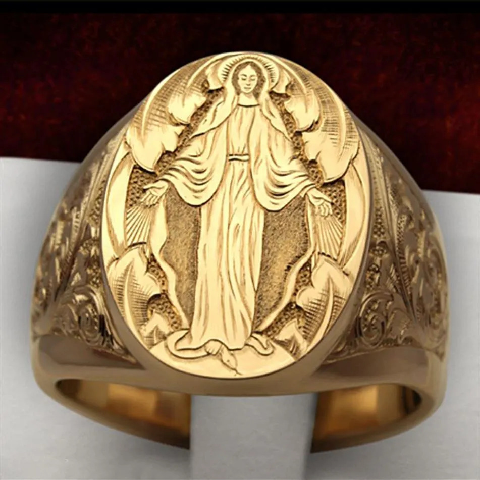 Vintege Punk Fashion Rings For Men Rock Virgin Mary Hand Pattern Memento Character Design Gold Color Retro Ring 03T754233s