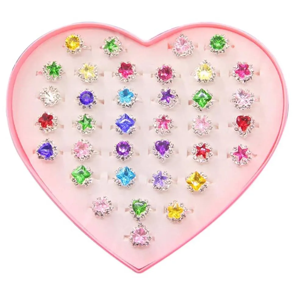 36pcs Colorful Rhinestone Gem Rings in Box Adjustable Little Girl Jewel Rings in Box Children Kids Little Girl Gift Pre2337