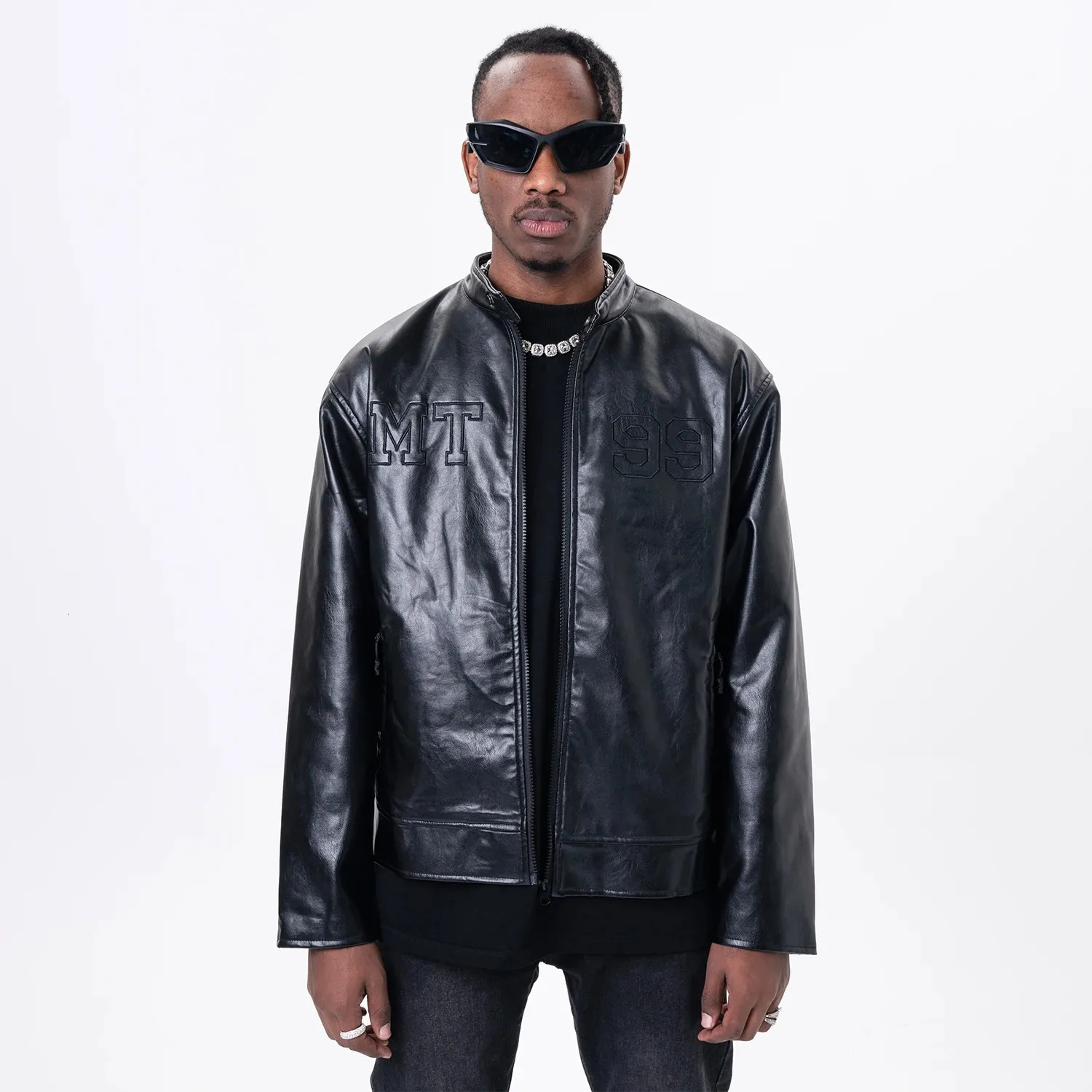 Stand up collar leather jacket cheap