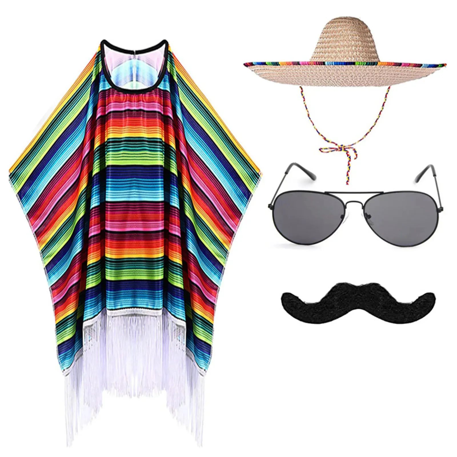 Chapeaux de fête Enfant Adulte Costume de Fête Mexicaine Cape Colorée Poncho Sombrero Chapeau Lunettes de Soleil Moustache Ensemble pour Fiesta Mexicaine Halloween Carnaval 231020