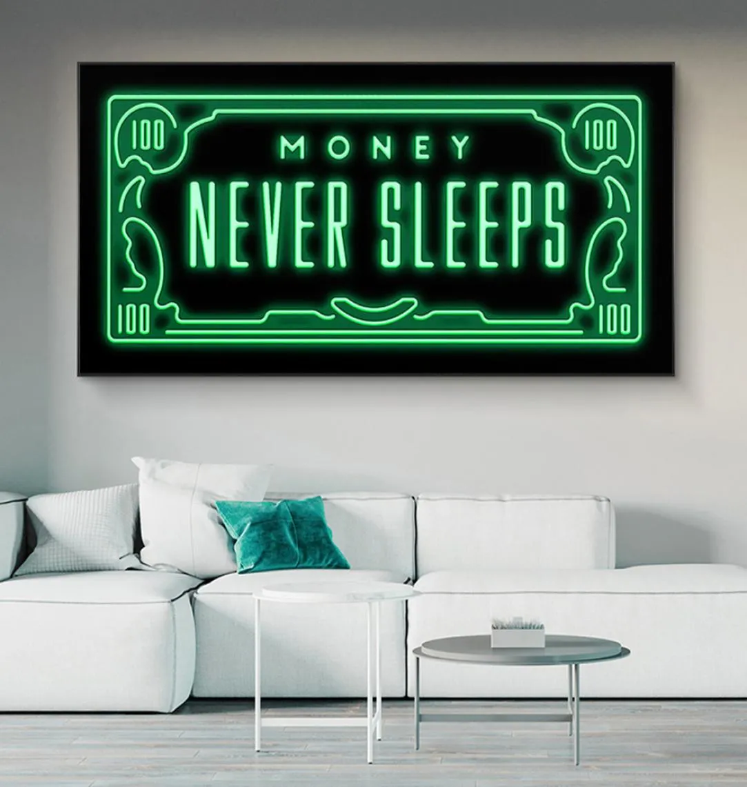 Money Never Sleeps Sleeps Canvas Paintings Art Posters and Inspiring Frasesプリントリビングルームの家の装飾CUA9275436の壁アート写真
