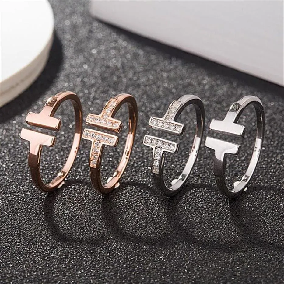 Mode Liefde Sieraden S925 Sterling Zilveren Ringen Voor Vrouwen Open Diamanten Ringen Rose Goud Letter T Stijl Bruiloft Ring274l