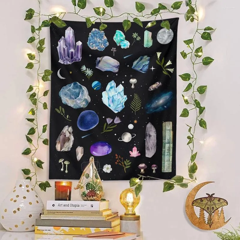 Tapisserier Crystal Poster Wall Art Tapestry Gemstones Mineral Hanging For Bedroom Sushroom Plant Starry Sky Galaxy Home Decor