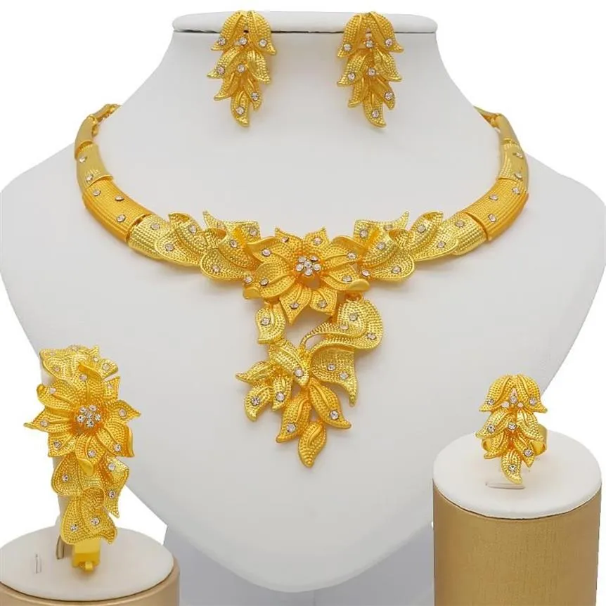 Earrings & Necklace Dubai Gold Jewelry Sets African Bridal Wedding Gifts For Women Saudi Arab Bracelet Ring Set Flowers Jewellery275U