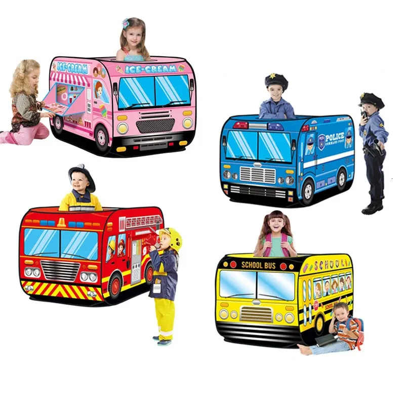 Barracas de brinquedo dobrável jogo casa jogo caminhão de bombeiros ônibus pop up brinquedo tenda playhouse pano presente para crianças modelo de combate a incêndios dopship 231019