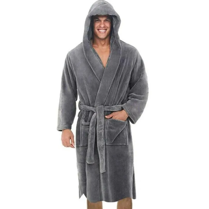 Men's Sleepwear Robe For Men Solid Color Bandage Bathrobe Long Sleeve Hooded Robes Male Lounge Wear Dressing Gown Mens Sleep 271K