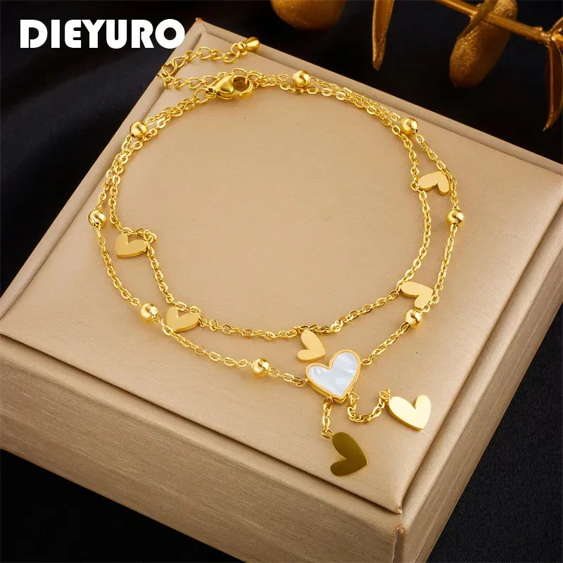 Anklets DIEYURO 316L Stainless Steel Heart Love For Women Girl Trend Multilayer Chains Nonfading Jewelry Gift Party 231020