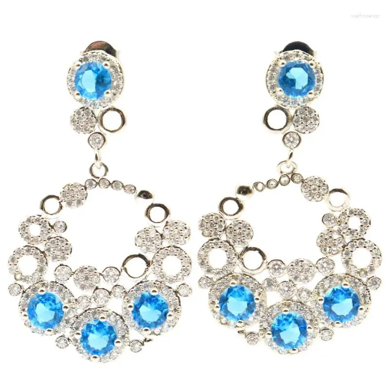 Boucles d'oreilles pendantes 45x25mm, fortement recommandées, Kunzite rose, topaze bleue suisse, blanc CZ, cadeau de mariage, argent