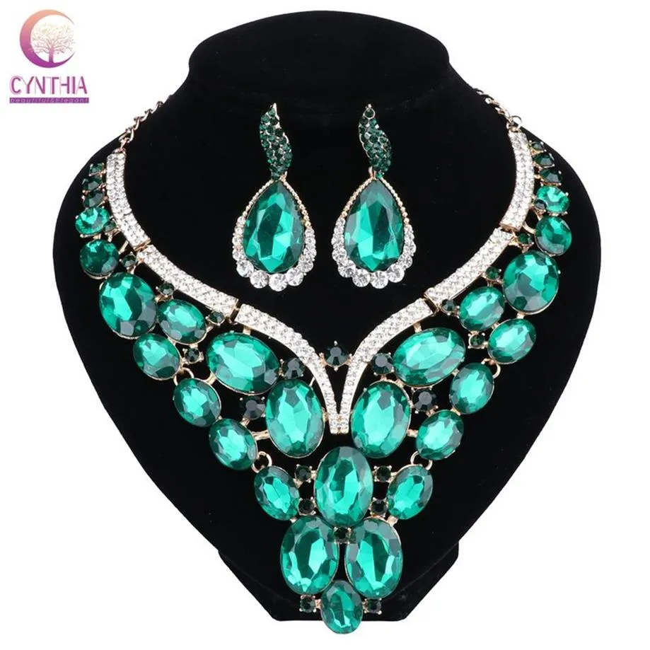 Fashion Jewelry Chunky Gem Crystal Flower Choker Necklace Statement Necklace Earring Party Dress Jewelry Sets 10 Colors2883