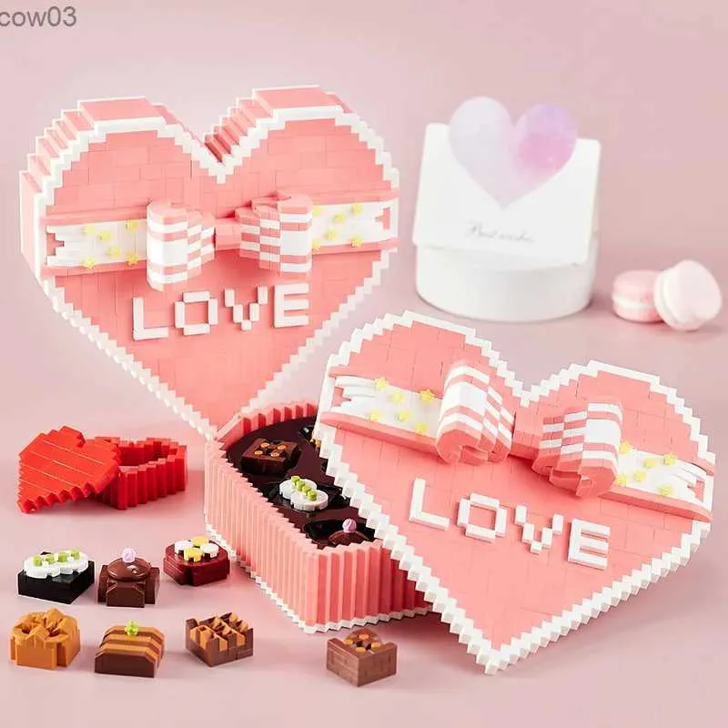 Blocks Alla hjärtans dag gåva för älskare Pink Love Chocolate Gift Box Micro Building Block Assembly Toy Gifts för män och kvinnor R231020