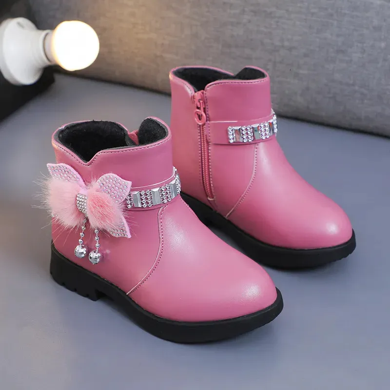 Children's Shoes Girl Mid Length Warm Leather Boots Baby Bow Cute Cotton Shoes Plush Winter Student Two Cotton Boots Botines 231019