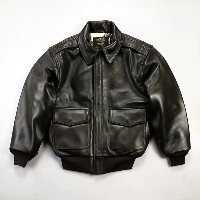 Black Leather Bomber Jacket Military Flight Suit A2 Winter Casual Mens