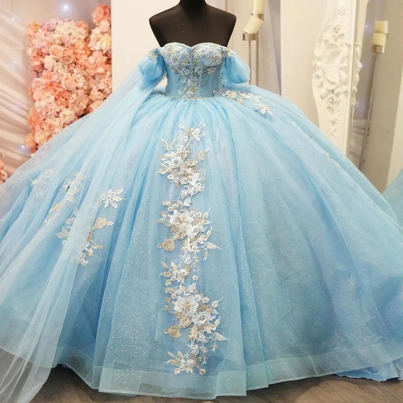 México céu azul fora do ombro vestido de baile quinceanera vestidos para meninas frisado apliques flor vestidos de festa plissados doce 16 15